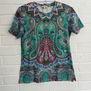 Etro Teal and Burgundy Cotton Paisley Short Sleeve Top TShirt